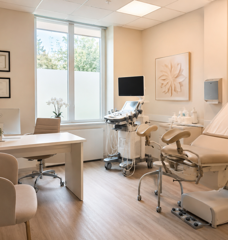 Cabinet de consultation gynécologique lumineux avec bureau et fauteuil d'examen, à Cannes.